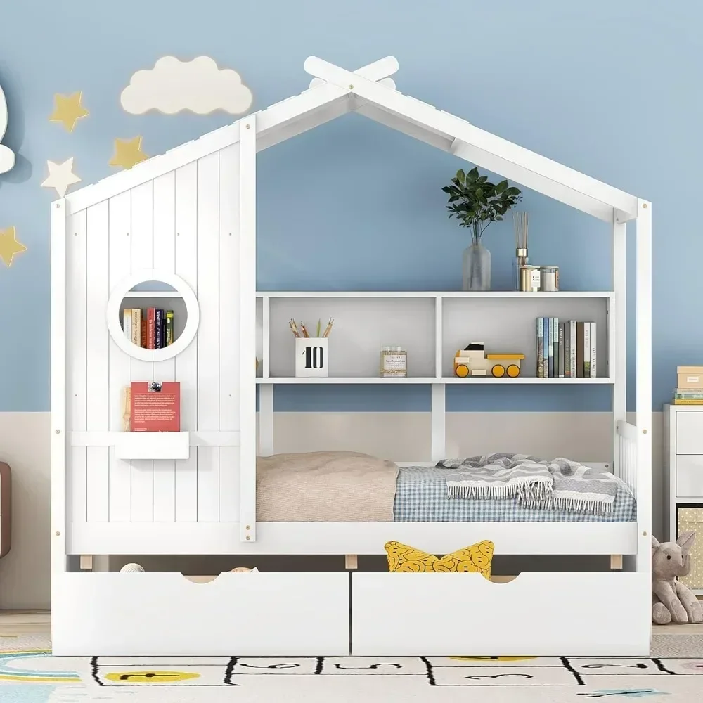Twin House Bed with Storage Drawers & Bookcase, Montessori Twin Platform Bed Frame with Rails & Roof for Kids Teens Girls Boys 3