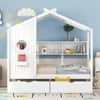 Twin House Bed with Storage Drawers & Bookcase, Montessori Twin Platform Bed Frame with Rails & Roof for Kids Teens Girls Boys 3