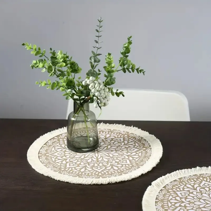 Elegant Jute Fabric Dining Mat with Modern Geometric Pattern and Tassel Edge