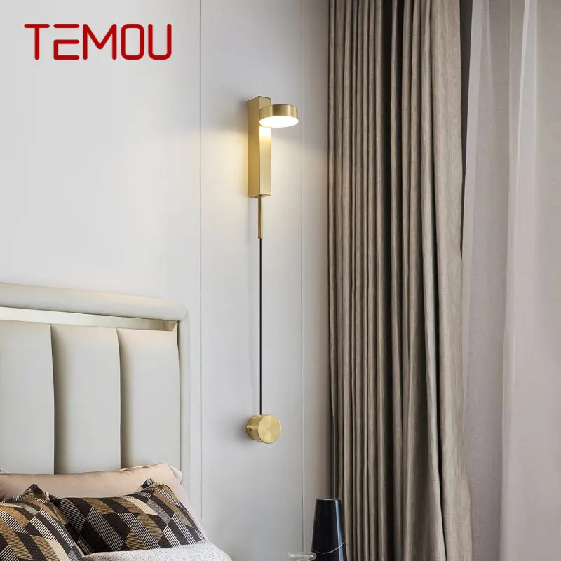 

TEMOU Nordic Brass Wall Lamp LED 3 Colors Creative Simple Gold Bedside Sconce Light for Home Living Room Bedroom