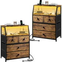 Nightstand Set of 2, Night Stand with Charging Station & LED Lights, Bedside Table with 4 Fabric Drawers for Bedroom 1