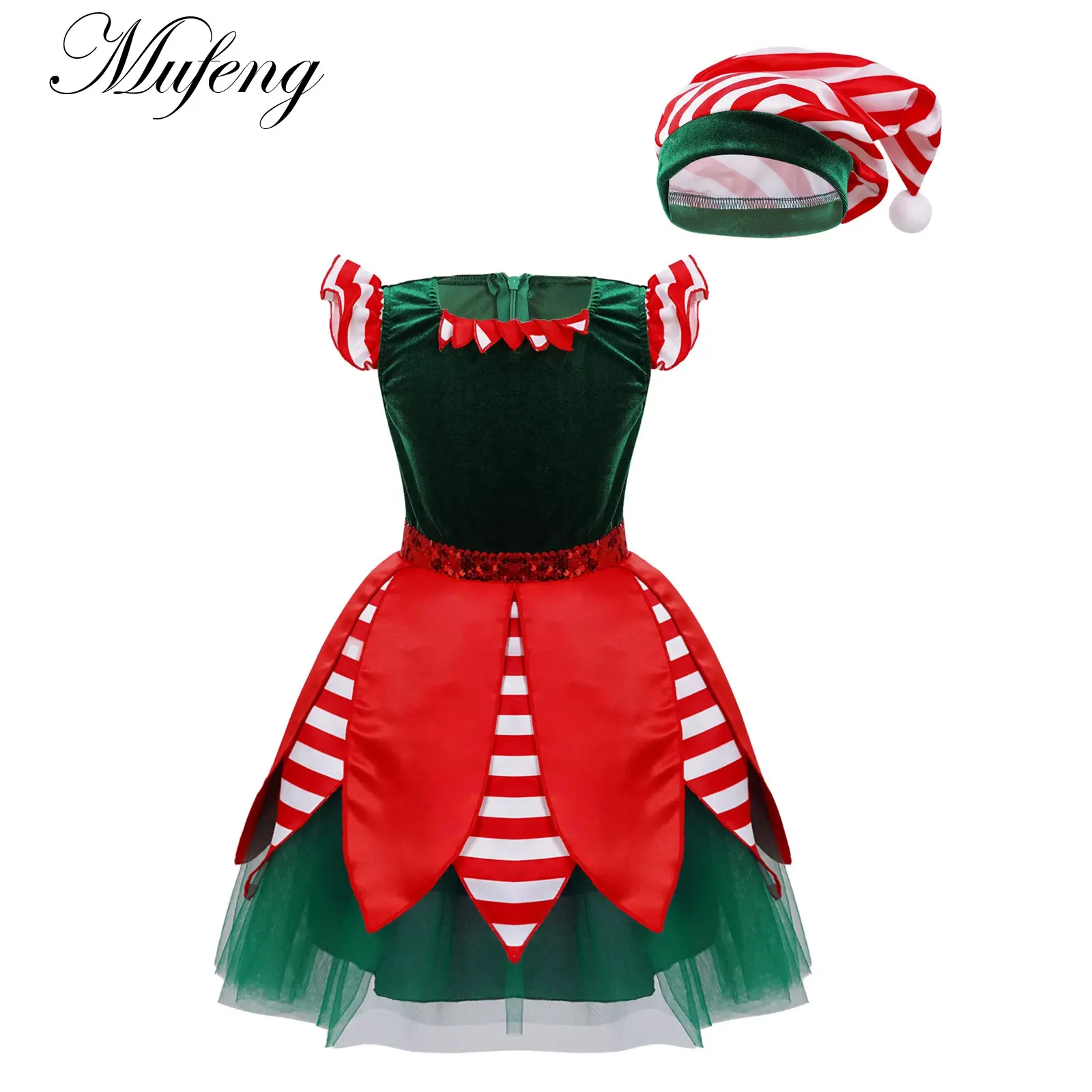 

Kids Girls Elf Christmas Dress Carnival Party Festival Santa Cosplay Costume Stripes Mesh Ballet Leotard Tutu Dress Dancewear