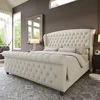Chenille Upholstered Queen Size Sleigh Bed Scroll Wingback Headboard & Footboard Button Tufted Artisan Hand-Made No Box Spring 1