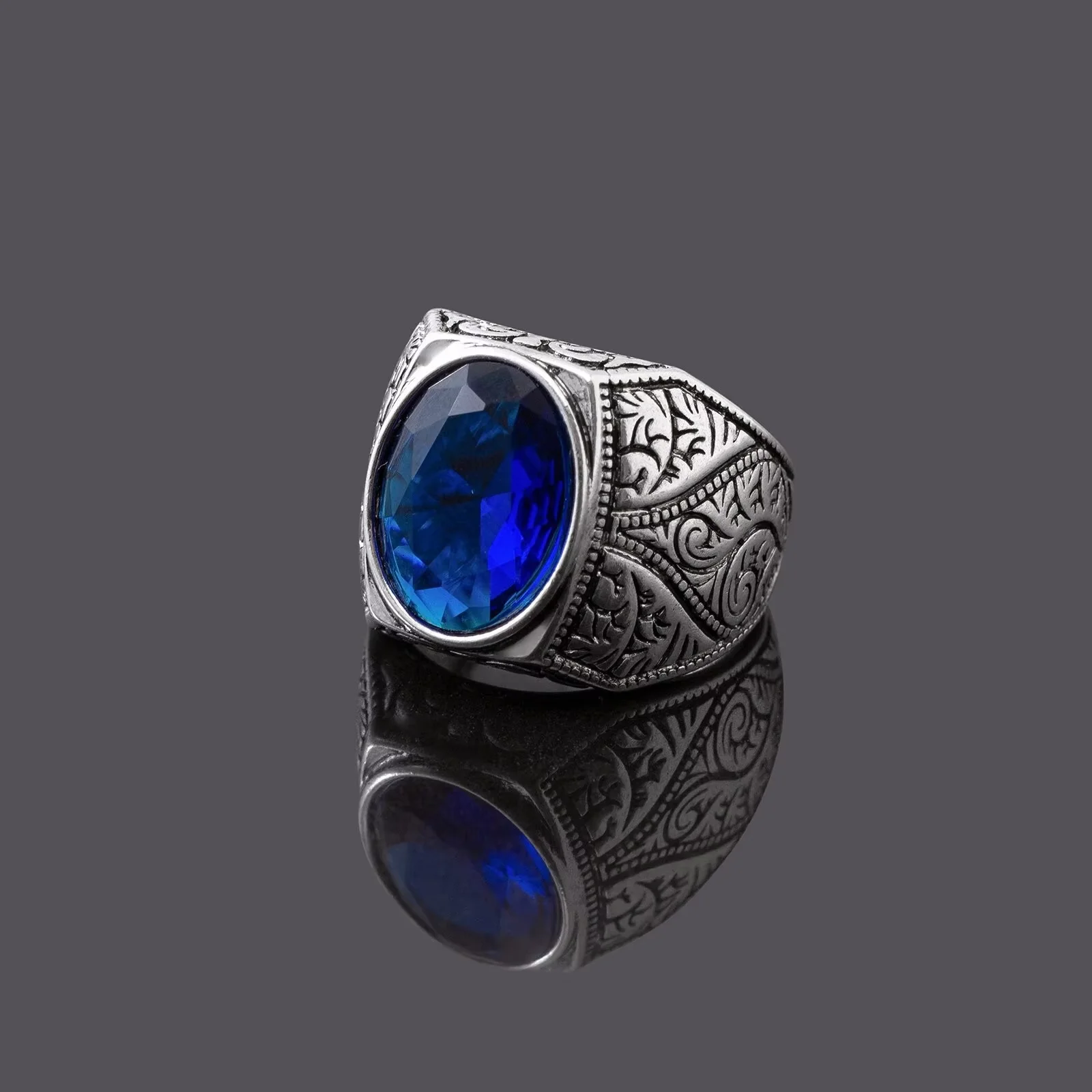 Wholesale Retro Party Jewelry Hot-Selling Cross-Border Turkish Style Oval Sapphire Ring for Men Silver Plated