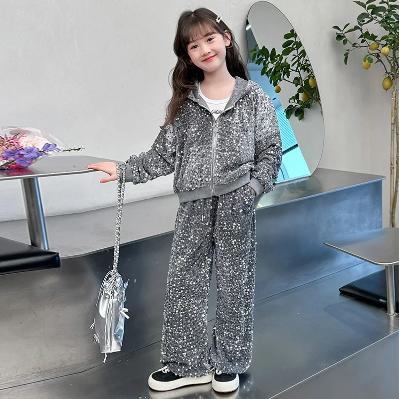 Girls Clothes Set Zipper Sequin Hoodies Sweatpants Two Pieces Teenage Kids Tracksuit Dance Casual Sport Children Clothing Set
