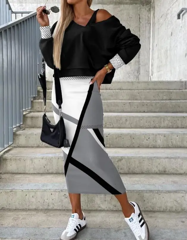

Womens Two Piece Sets Outfit Sleeveless Dress & Geometric Print Top Set 2023 Autumn Winter Spring New Fashion Casual