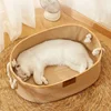 Japanese Pet Cat Bed Oval Shape Hand Woven Rattan Cat Beds Summer Cooling Kitten Basket Cotton Rope Cat Scratching Baskets 2