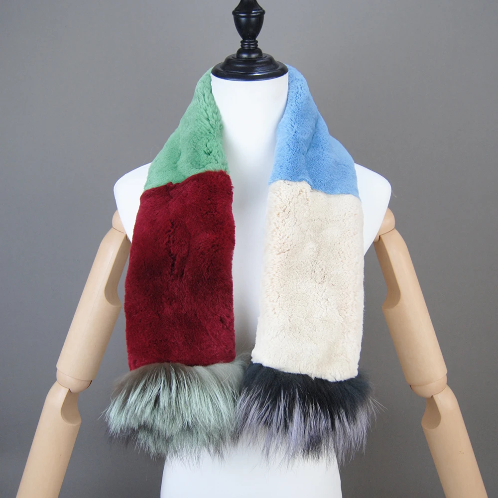 Winter Women Genuine Knitted Fox Fur Scarf Real Rex Rabbit Fur Collar Warm Neck Natural colorful Rex Rabbit Scarves