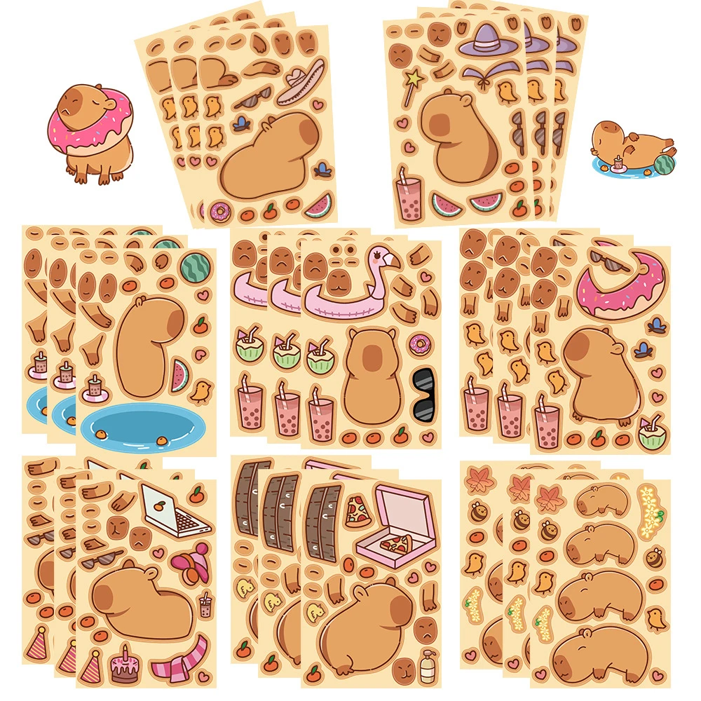 8/16sheets Make a Face Kawaii Capybara Stickers Anime Animal Puzzle Sticker Laptop Skateboard Bike Phone Cartoon Decals Kid Toys