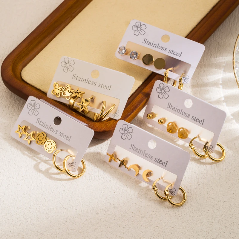 

Fashion 3 Pairs Stainless Steel Earrings Accessories Minimalist Gold Color Star Earrings Luxury Set for Women Statement Jewelry