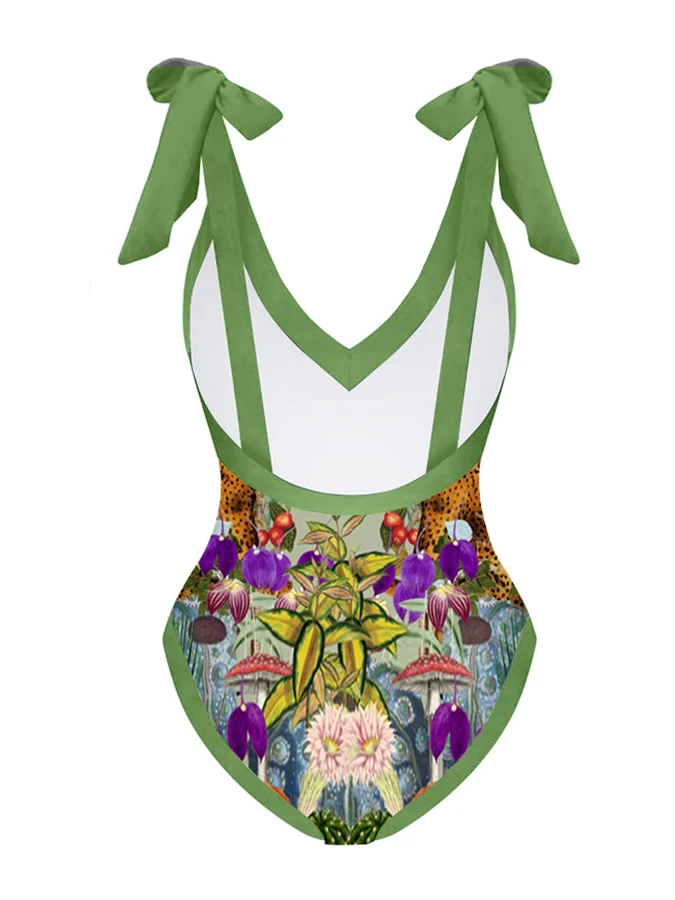 

Vintage Deep V Print One Piece Swimsuit Set