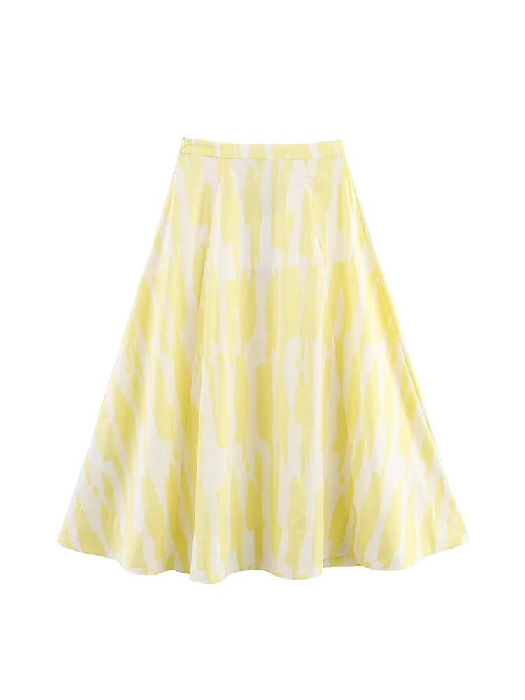 TFMLN 2025 Women Elegant Geometric Print Skirt Summer A-line Fashion Holiday Style Midi Skirts Casual Chic Side Zipper