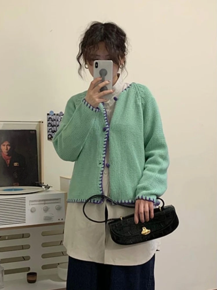 O넥 긴팔 패널 가디건, 루즈한 한국 스타일, 미니멀리스트 오피스 레이디, 데일리 용수철, 고급스러운 스타일리시 인스타 감성 패션, 가을