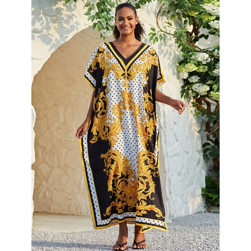 

2023 Casual Print Beach Wear Cover Up Loose V-neck Pareo de Plage Swimsuit Bikini Cover-ups Beach Maxi Sarongs Kaftan Robe