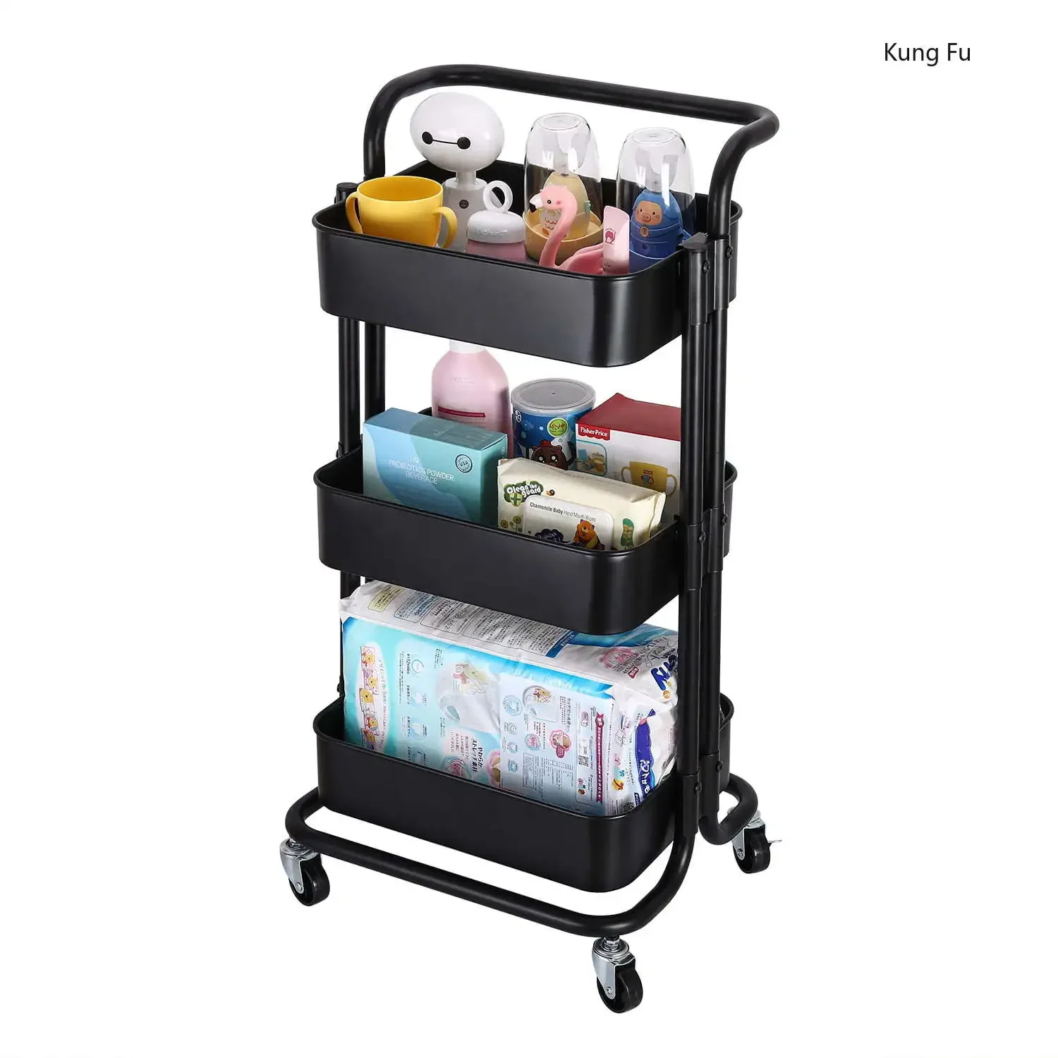 3-Tier Metal Rolling Utility Cart Multi-Function Organizer Shelf Kitchen Organizer Rack Snack Trolley