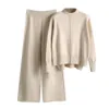 Women Knitwear Sets Patchwork 2 Piece Set Long Sleeve Round Neck Side Slit Sweater Elastic Waist Wide Leg Pants Winter Outfits 5