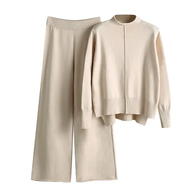 Women Knitwear Sets Patchwork 2 Piece Set Long Sleeve Round Neck Side Slit Sweater Elastic Waist Wide Leg Pants Winter Outfits 5