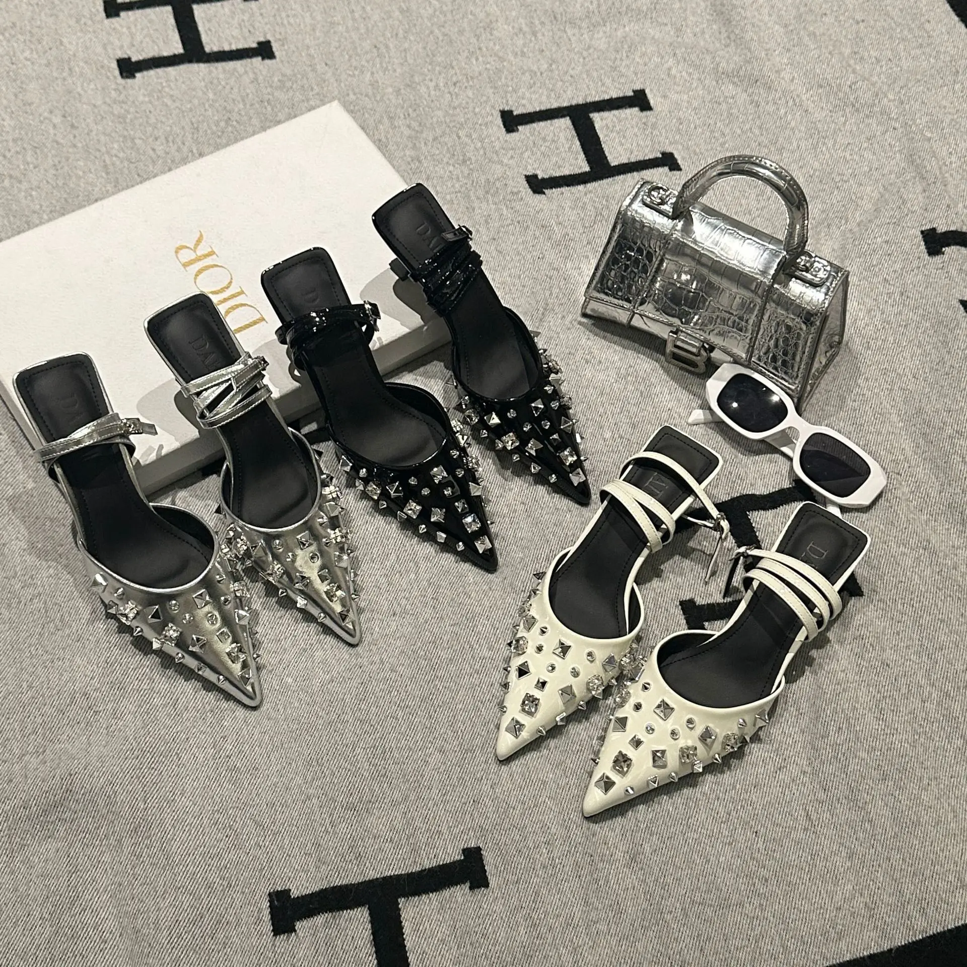 Baotou Sandals, Women's High Heels Spring and Autumn New European and American Pointed Mary Jane Single Silver Women's Shoes