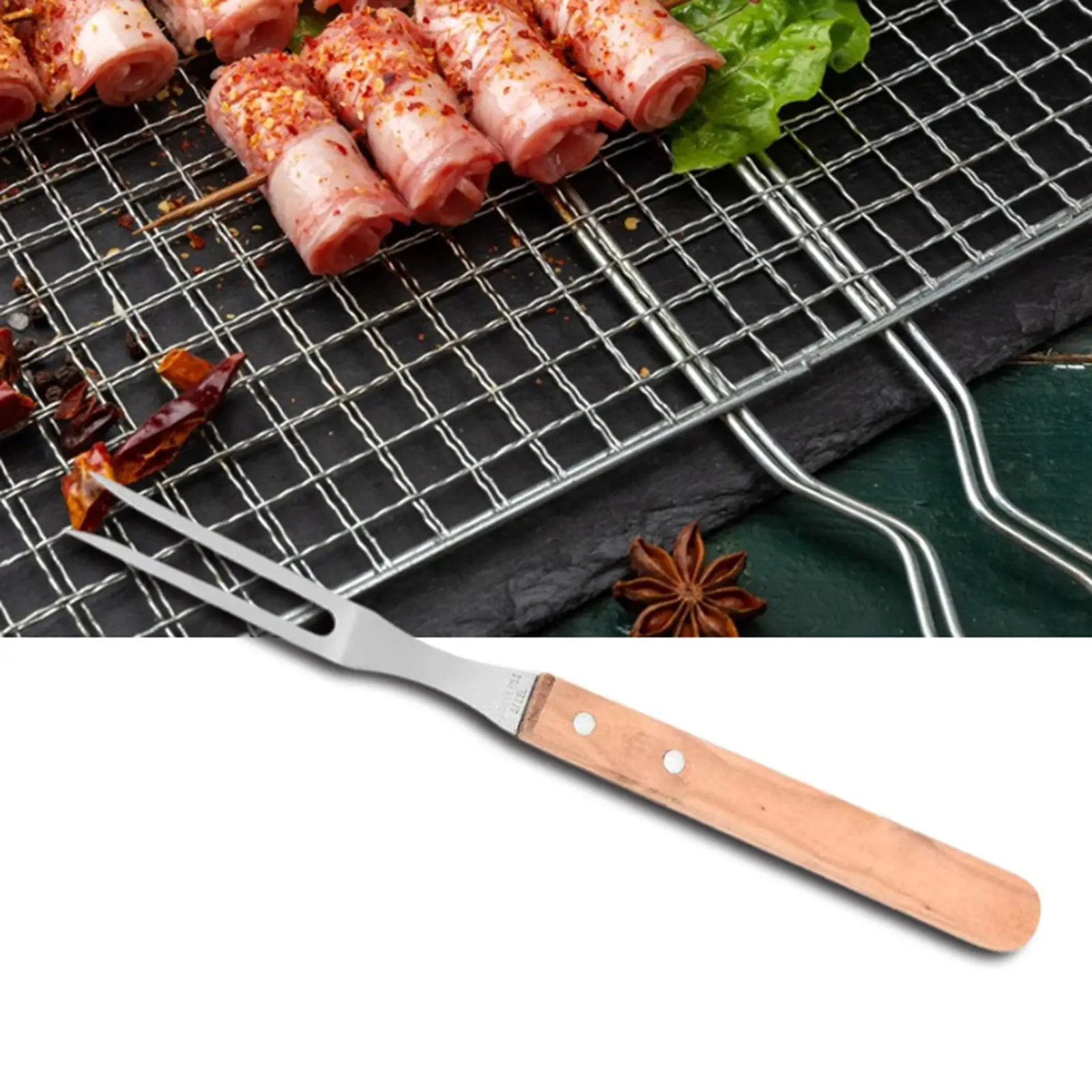 BBQ Fork with Wood Handle 12.8inch Cooking Fork Steak Fork Meat Fork for Griddle Roast Barbecue Cooking Teriyaki