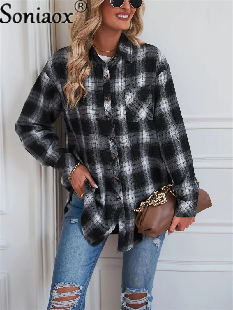 Flannel Plaid Shirt Women Autumn Loose Button Up Lapels Tops Casual Checkered Long Sleeve Blouse Ladies Pockets Basic Female New