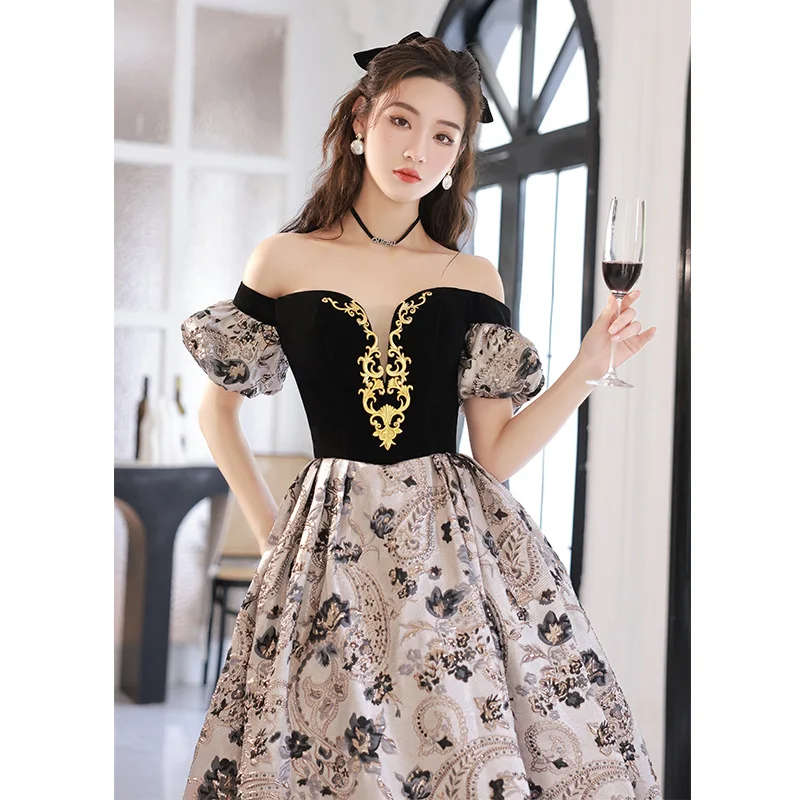 

French Boat Neck Evening Dress Women Off the Shoulder Printed Patchwork Prom Gown Elegant Exquisite Applique Cocktail Dresses