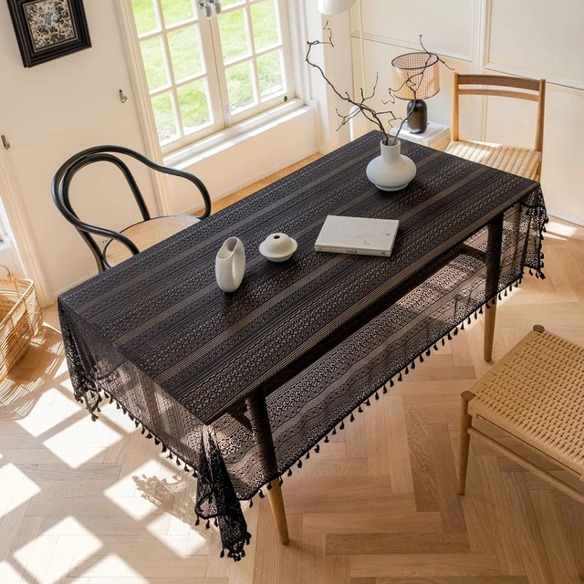 1PC Japanese Boho Style Tablecloth，Beige and Black Table Cover with Tassel，Geometric Pattern Design， for the Rectangle Desk 2