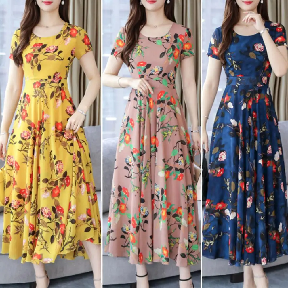 

Long Dress Lightweight Summer Dress O-neck Trendy Elegant Floral Print A-Line Midi Dress Female Clothing