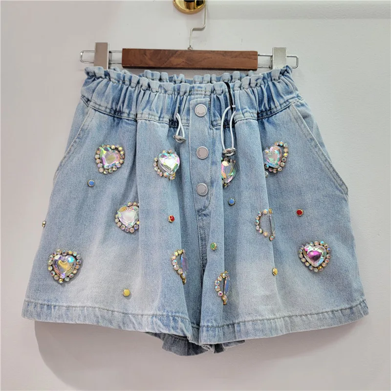 Exquisite Rhinestone Beaded White Love High Waist Slimming Wide-Leg Denim Shorts Women 2024 Summer New Short Jeans Booty Shorts