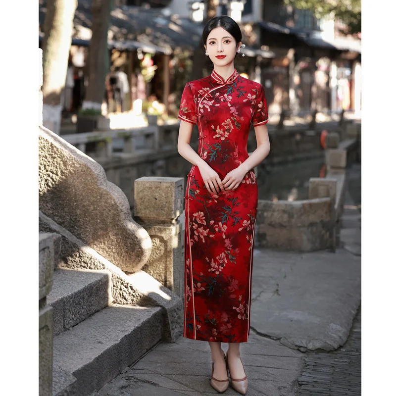 

Yourqipao Chinese Traditional Cheongsam Long Banquet Daily Qipao Mother's Wear Dress for Women