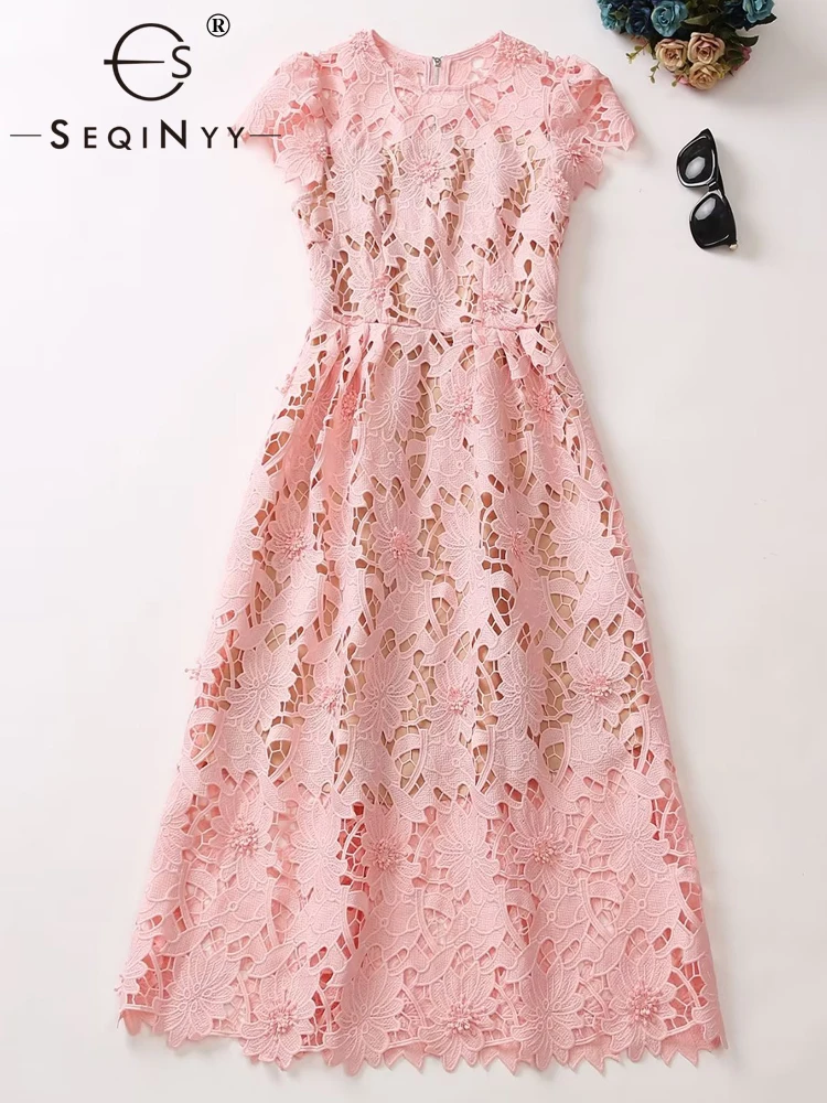 

SEQINYY Pink Dress Summer Spring New Fashion Design Women Runway High Quality Hollow Out Lace Flowers A-Line Elegant