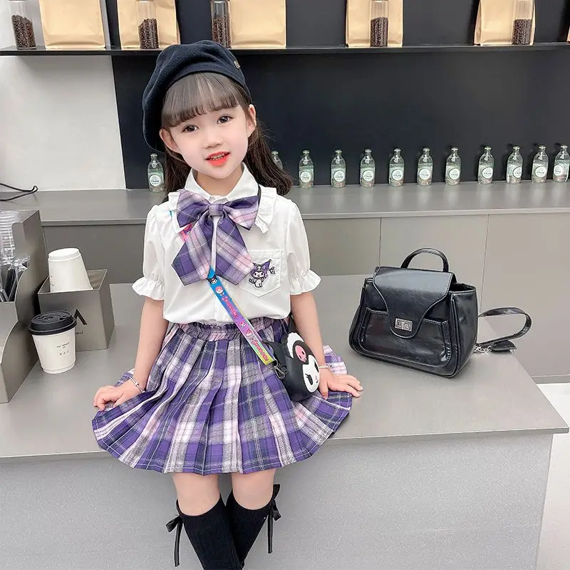 

Girly Heart Kuromi Anime Sanrio Kawaii Jk Skirt Shirt Two Piece Set Summer Cute Children Pleated Skirt Baby Cloth Gifts for Kids