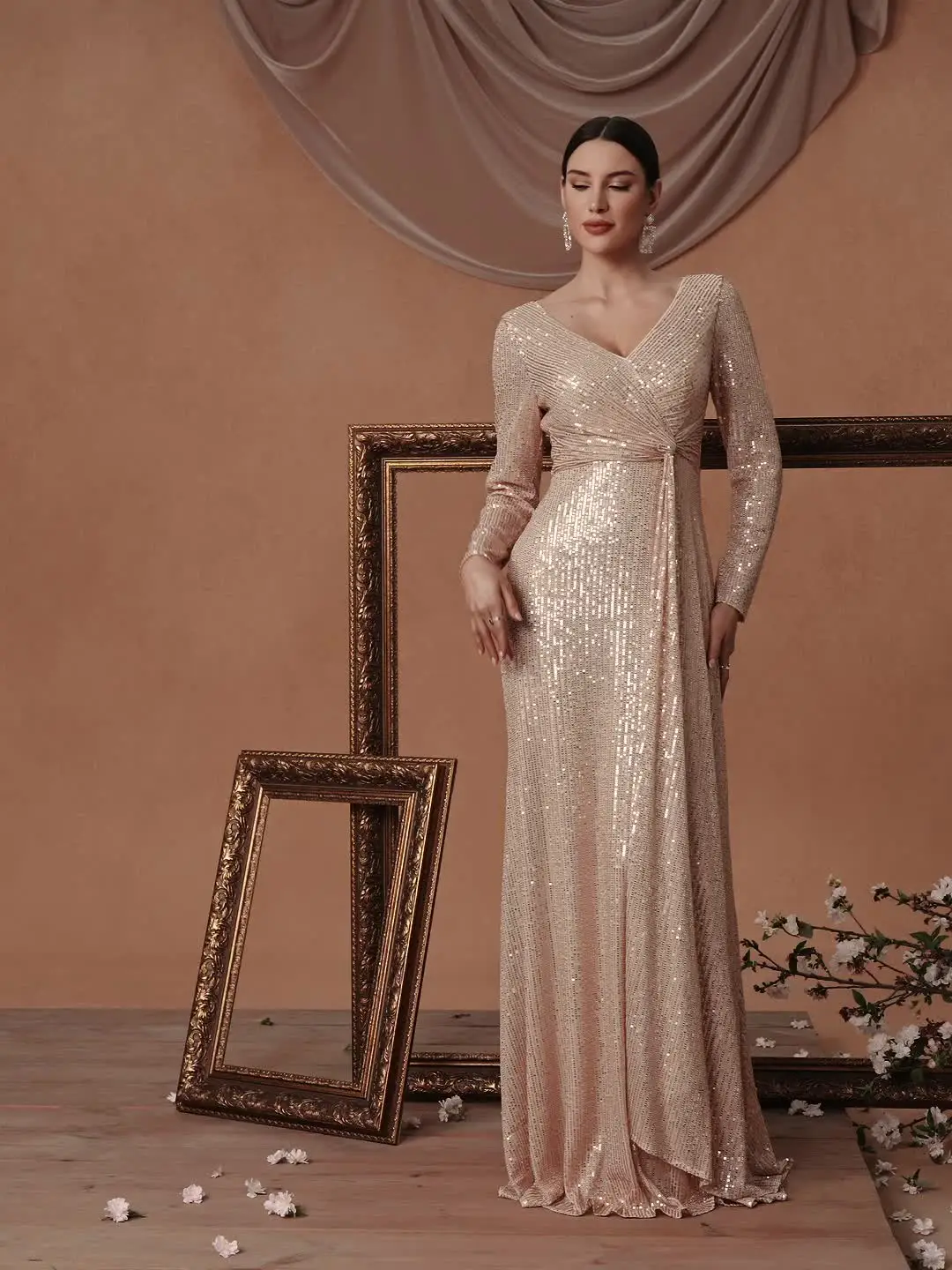 slim fit dress slacks Marcia Diamante Long Sleeve Maxi Dress / Nude | Meshki