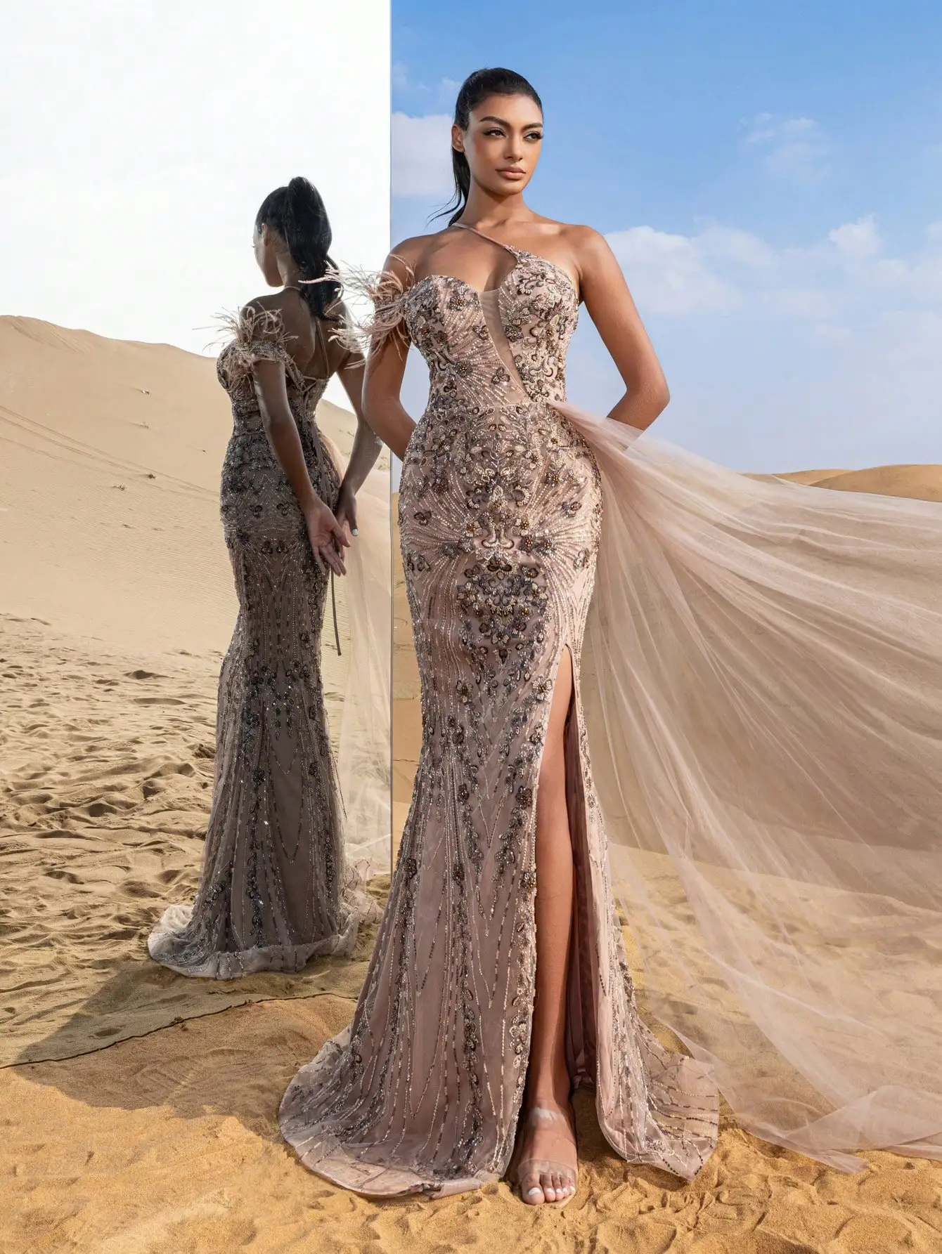 رائع غير متناظرة الرقبة رايات الجانب حورية البحر ت...