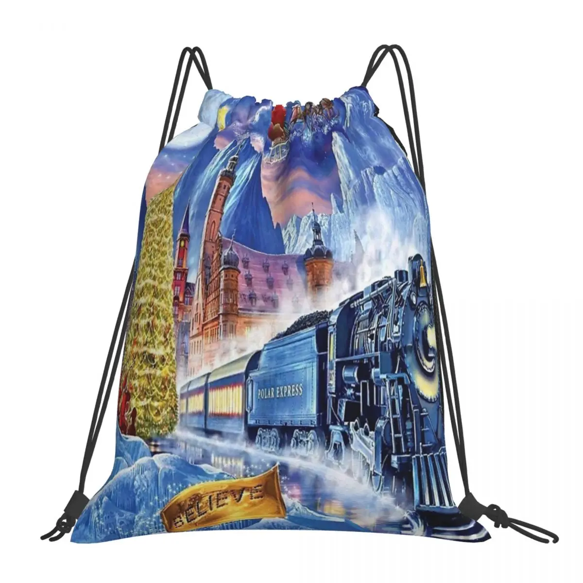 

Polar Express Christmas Holiday Backpack Portable Drawstring Bags Drawstring Bundle Pocket Shoes Bag BookBag For Man Woman