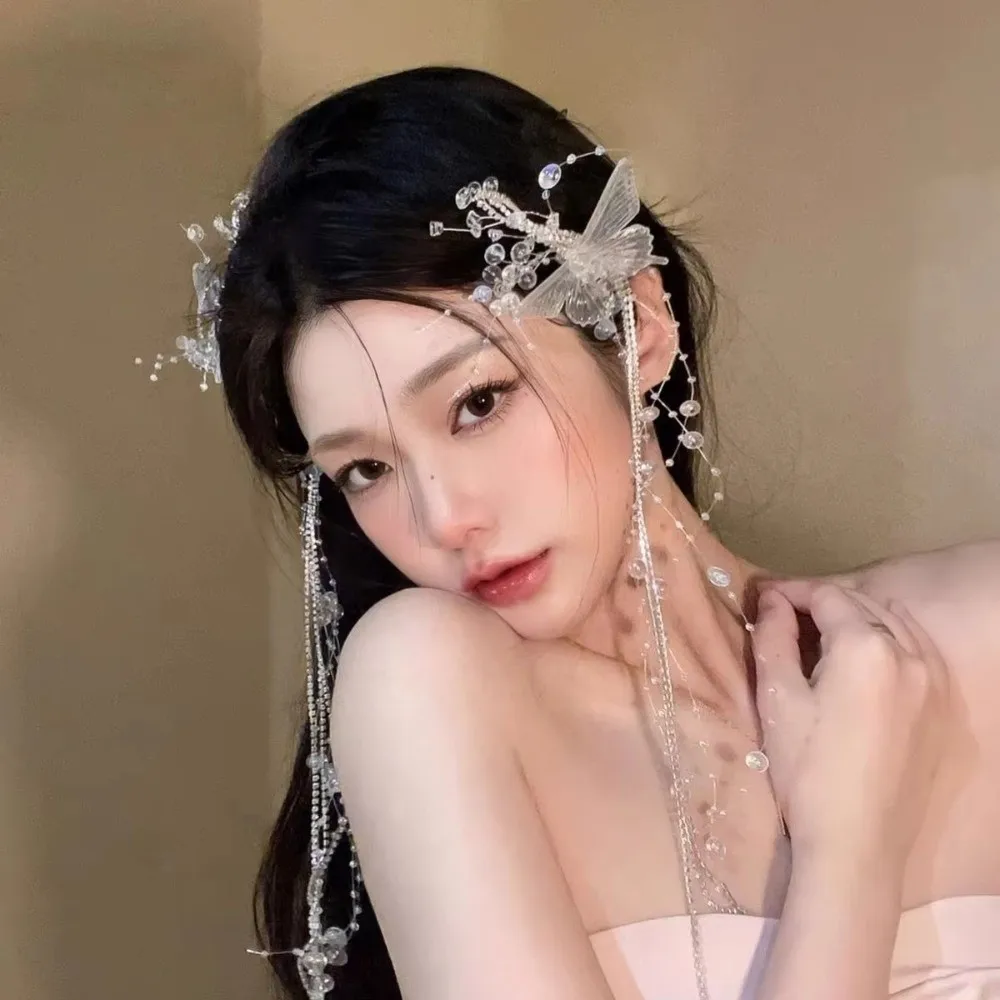 Fermaglio per capelli con nappa a farfalla da 30 cm, accessori per servizi fotografici, copricapo da sposa trasparente, strumenti per acconciature, fermaglio per capelli con perle_voghion.com