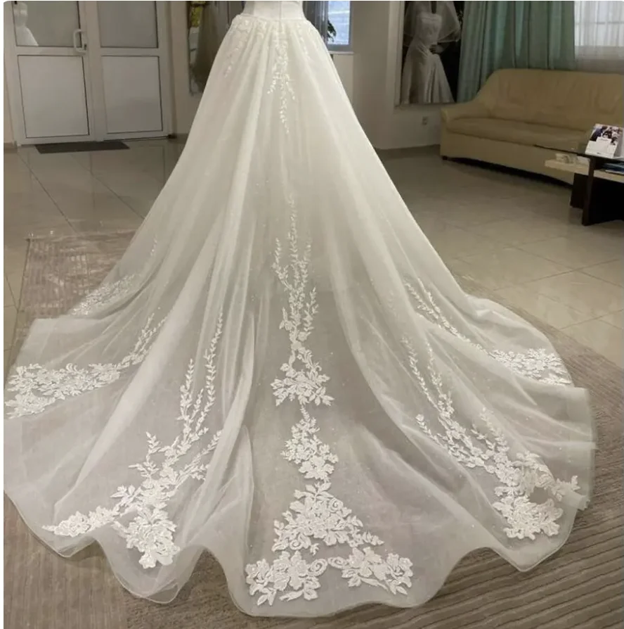 Lace Appliques Glitter Detachable Wedding Train Shinny Removable Skirt For Dresses Boho Bridal Overskirt