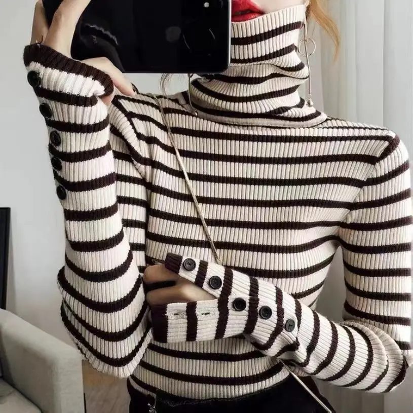 

Women 2023 Autumn Winter Fashion Turtleneck Sweater Tops Female Long Sleeve Pullover Tops Ladies Slim Fit Striped Jumpers E393