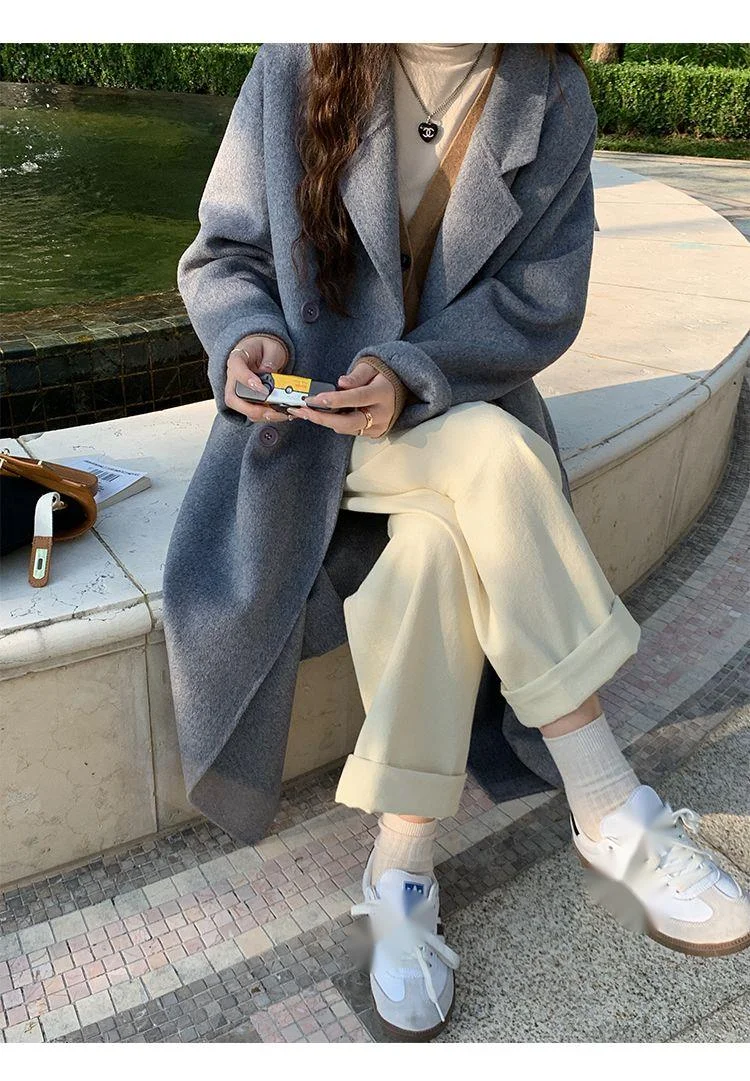 Pink Double sided Cashmere Women's 2023 Autumn/Winter New Korean Loose Mid length Hepburn Style Fleece Coat_voghion.com