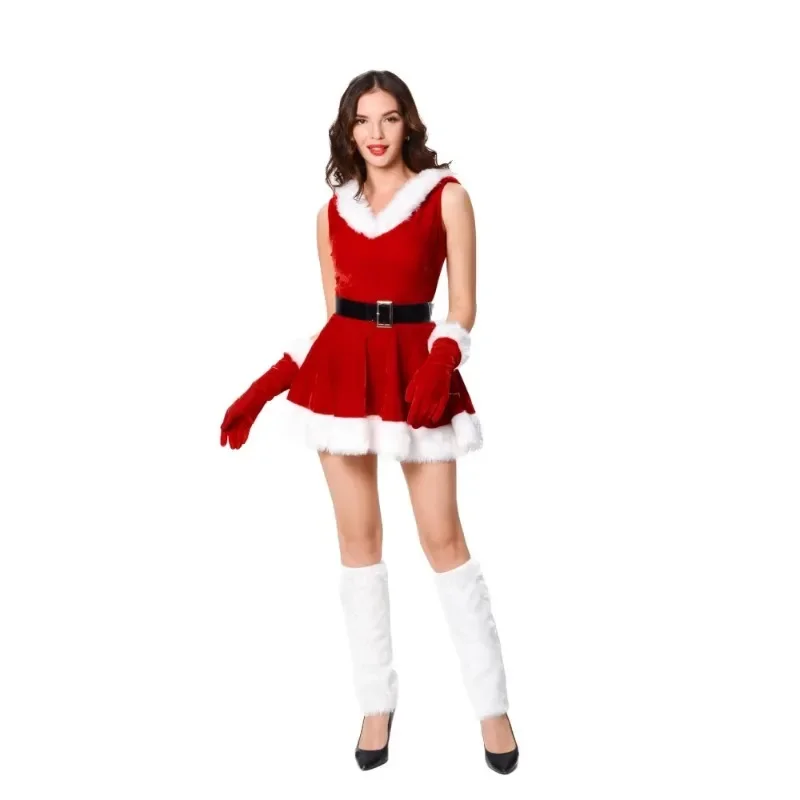 

Women Red Velvet Christmas Hooded Dress Santa Claus Costume Xmas Cosplay Xmas Party Dress Performance Clothing