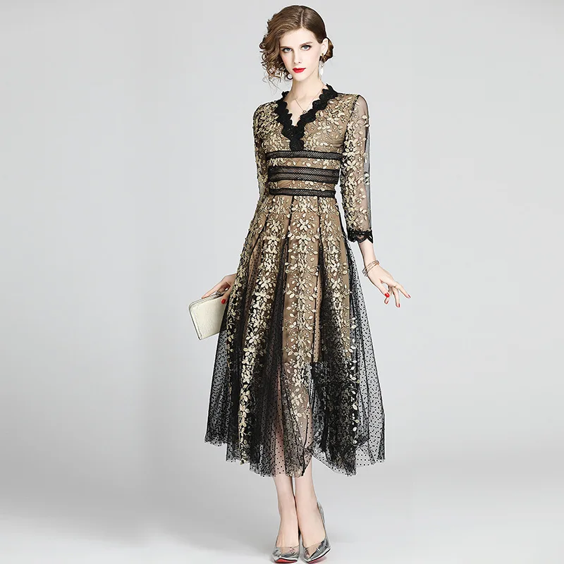

Black and Gold Print Mesh A-line Dress Spring Summer Fashion Dress 2023 V-neck Long Sleeve Dress Party Evening Dress for Female