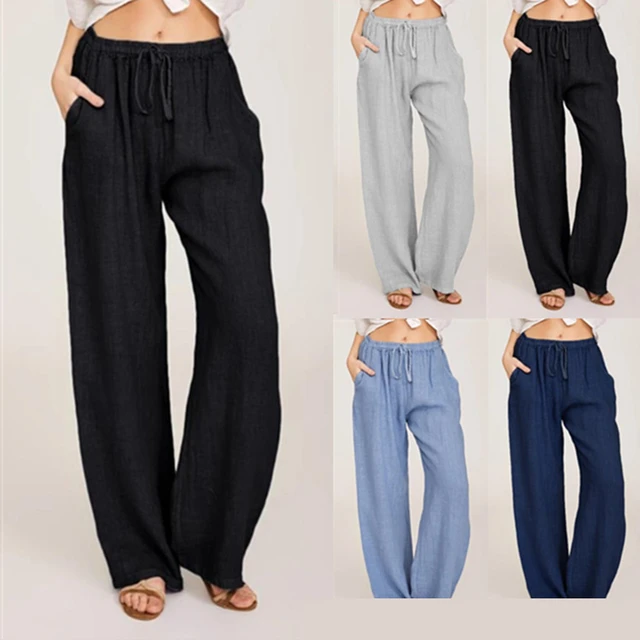 Womens Cotton Linen Trousers Straight Leg Summer Casual Loose