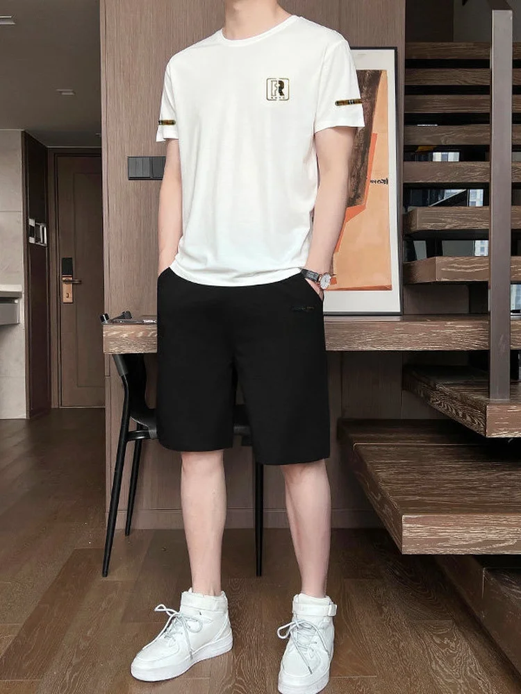 아이스 실크 러닝 스포츠웨어 캐주얼 세트 남성용 큰 사이즈 반팔 반바지 속건 고급 투피스 세트 여름 레저