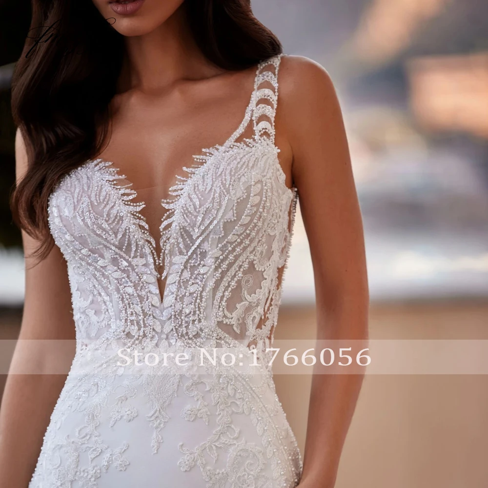 Customized Exquisite V Neck Backless Soft Satin Mermaid Wedding Dresses Luxury Appliques Beaded Court Train Trumpet Bridal Gown 3