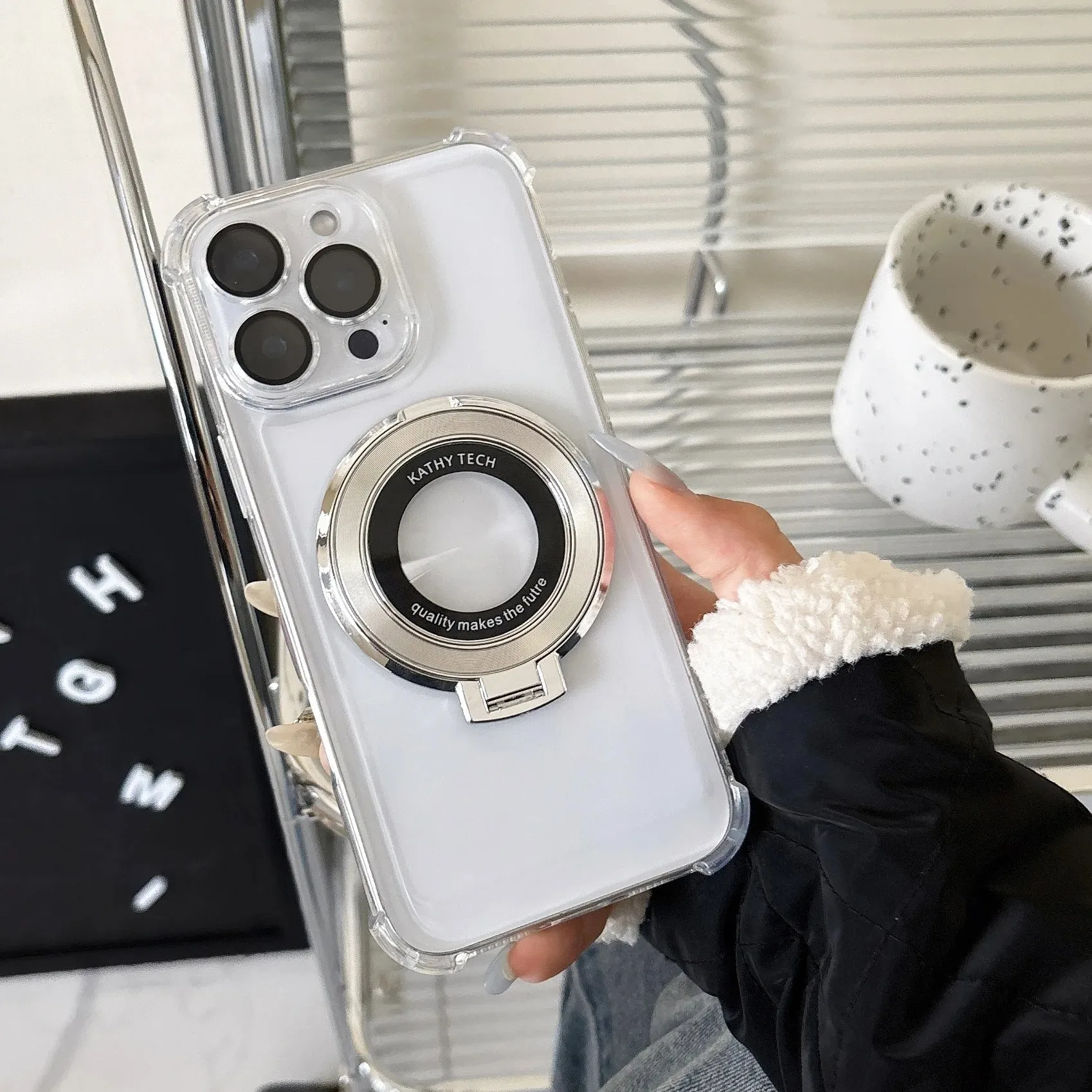 Fashion Plating Shockproof Magnetic Bracket Case with Stand Holder and Clear Cover