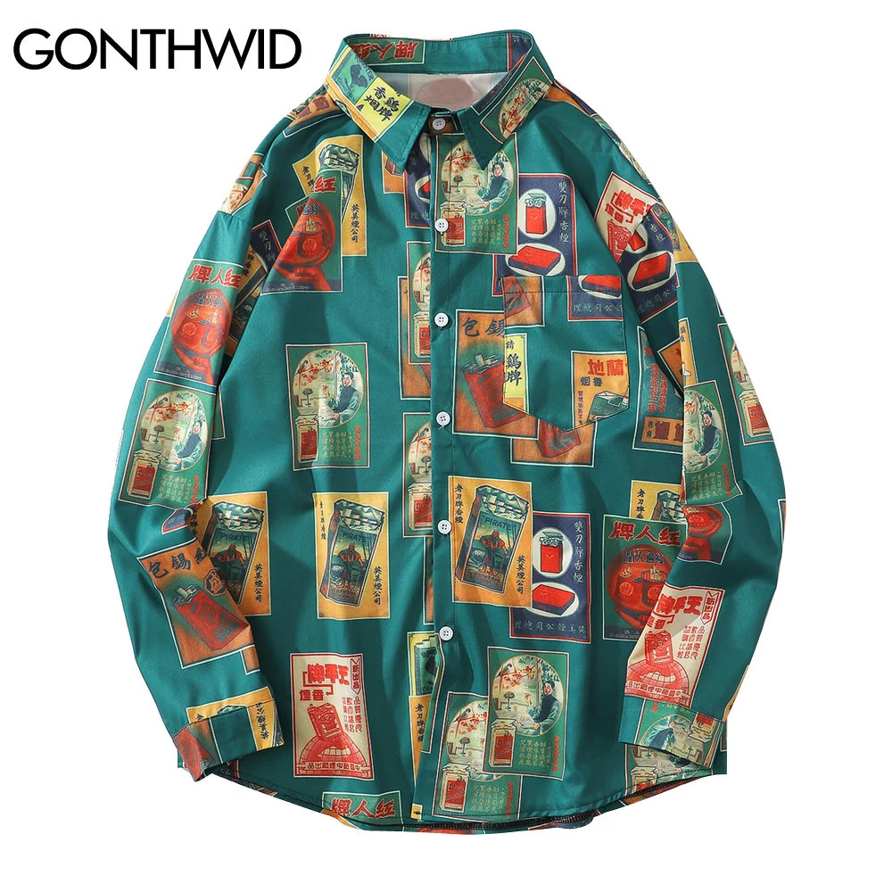 

Hawaiian Beach Shirts Harajuku Vintage Poster Print Long Sleeve Aloha Party Holiday Shirt Mens Casual Button Down Tops