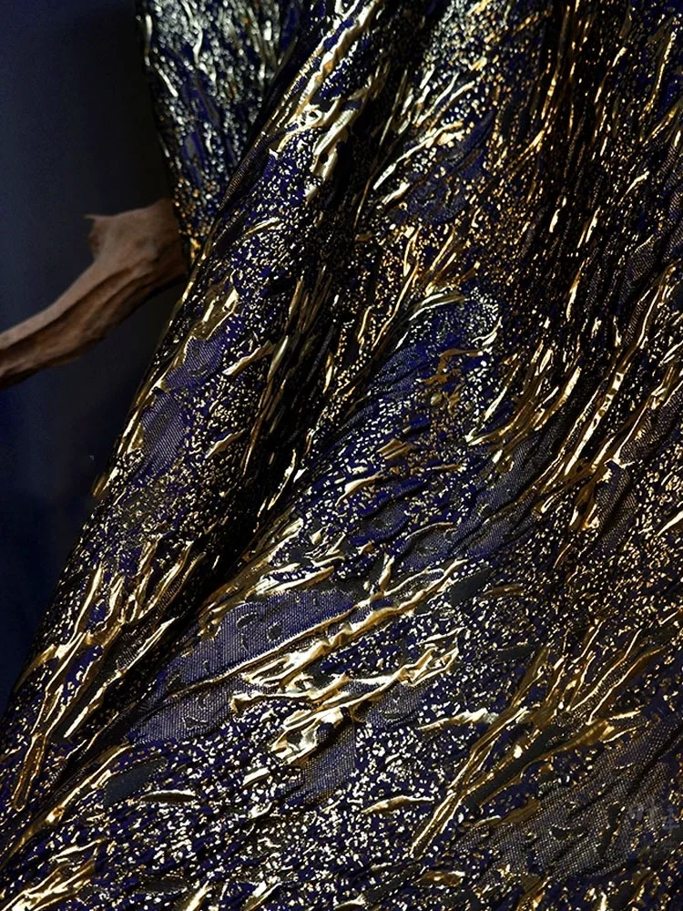

Gold Blue Embossed Jacquard Fabric Design Sewing Material Wedding Dress Garment Fabric Wide 140cm Sold By The Meter