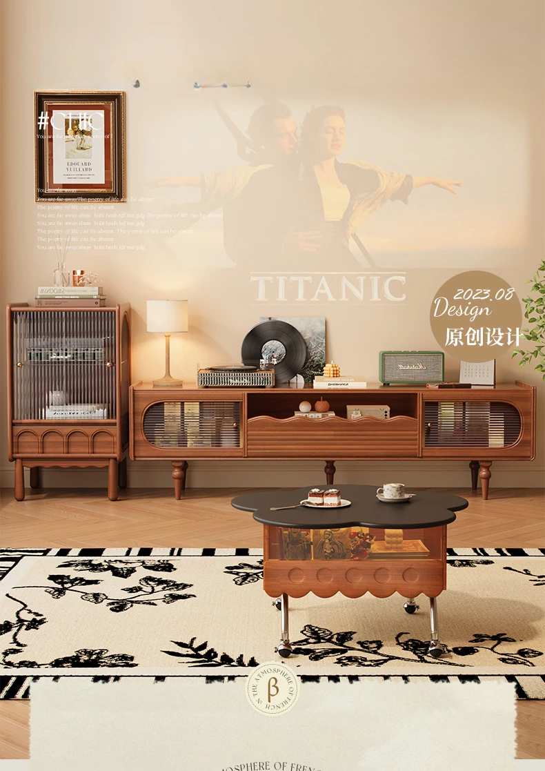 

French Solid Wood TV Cabinet Retro Living Room Floor Cabinet Combination