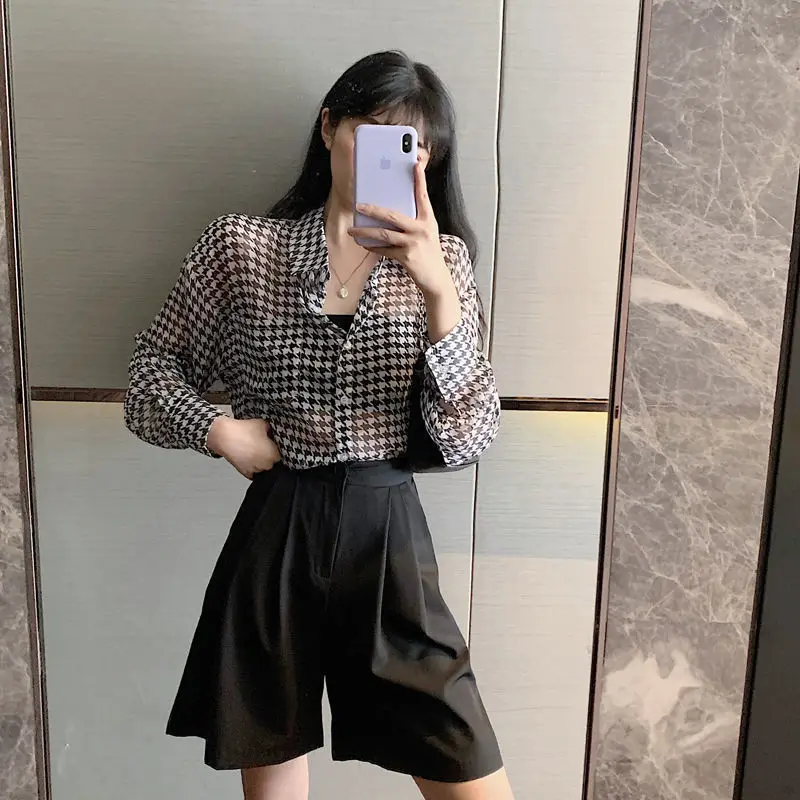 Elegant Fashion Harajuku Slim Fit Female Clothes Loose Casual All Match Tops Women Printed Button Cardigan Long Sleeve Blusa