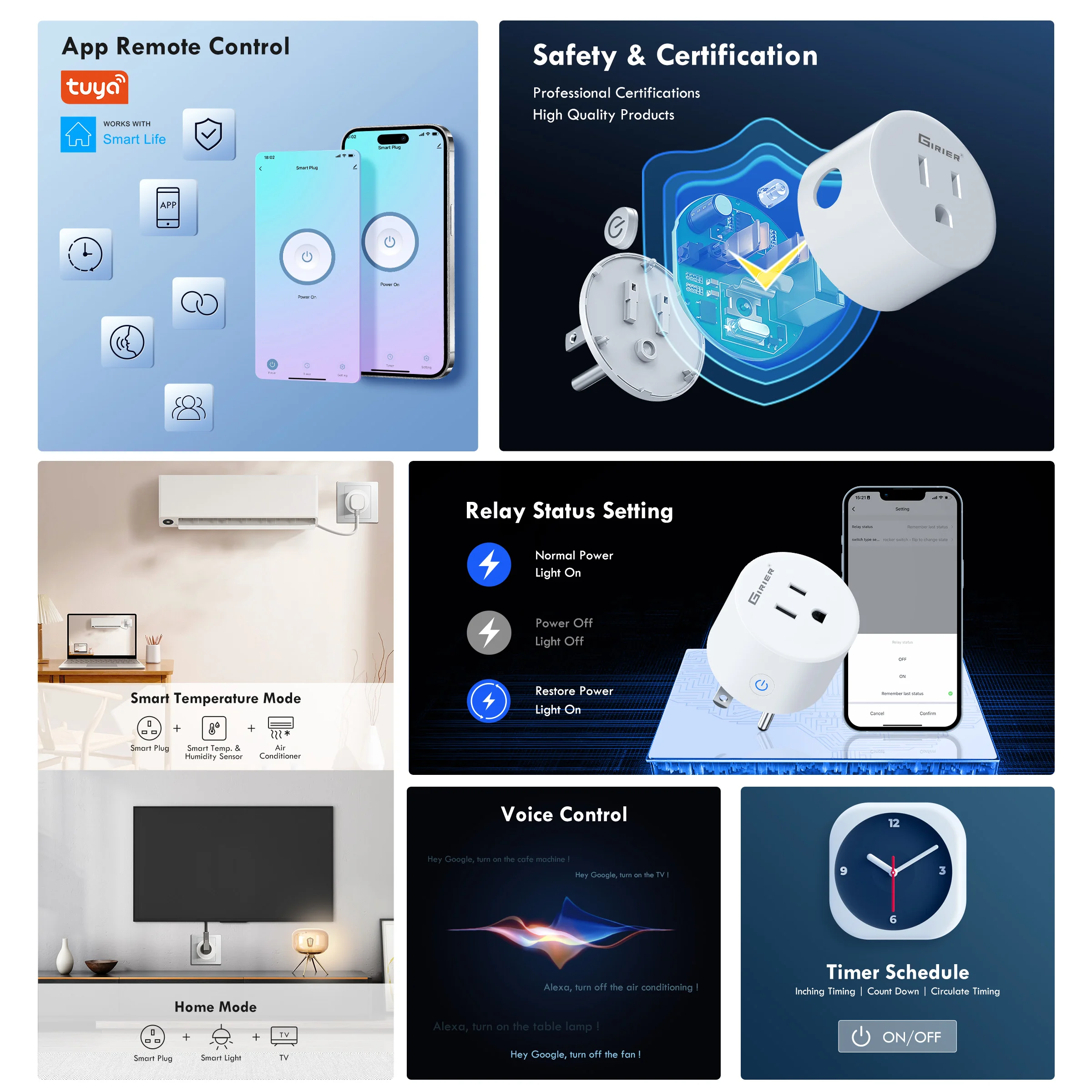 GIRIER Alexa Smart Plug US, WiFi Smart Home Socket Outlet 10A with App Voice Timer Control, Works with Hey Google Life App