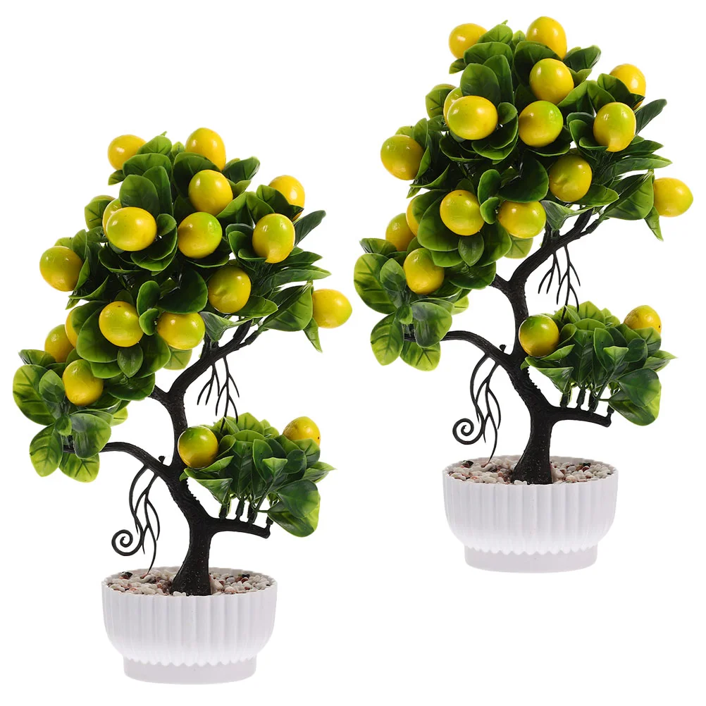 

2pcs Artificial Lemon Tree Potted Faux Fruit Lemon Tree Bonsai Desk Decoration